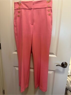 Halogen Bubblegum Pink High-Rise Straight Trousers with Gold Buttons